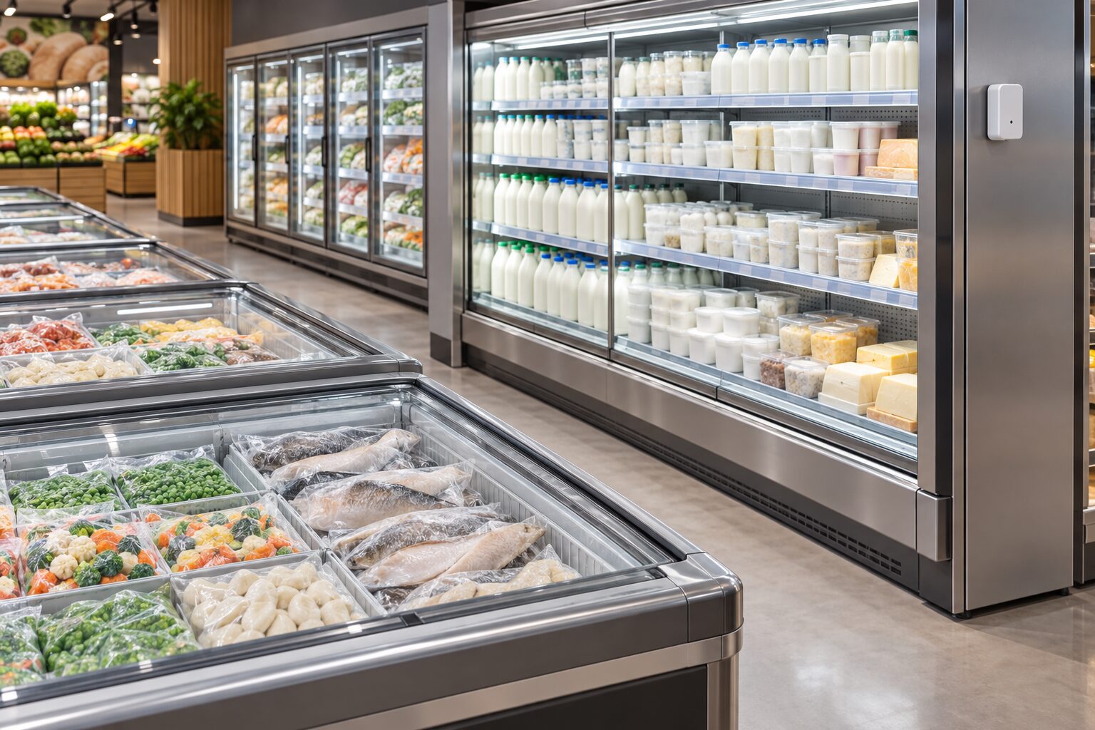 Морозильные лари и холодильные горки с замороженными продуктами и молочкой, белый датчик на торце