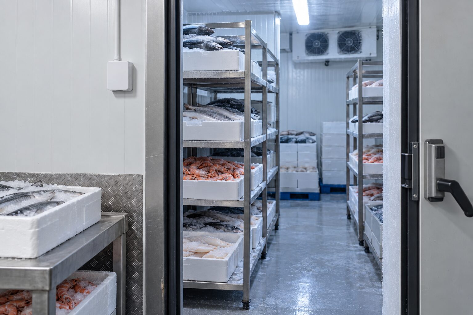 Камера рыбного производства с рыбой и морепродуктами во льду, белое устройство снаружи у двери
